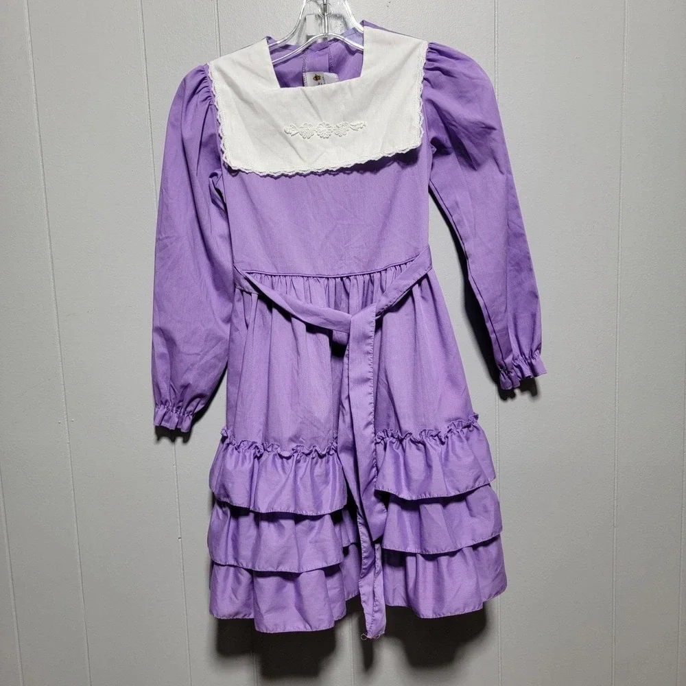 Vintage Winnie the‎ Pooh Purple Prairie Dress Kids Size 8 Ruffle Bib Collar USA